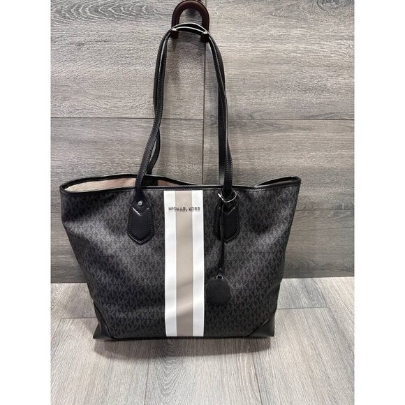 Michael Kors Eva Large Logo Stripe Tote Bag in Black White - Picture 5 of 16